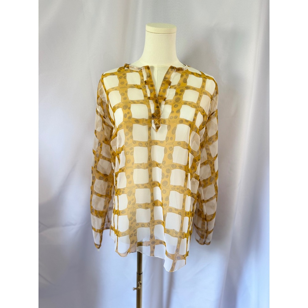 Fragments‎ Neiman Marcus Women Ochre Bamboo Grid Sheer Rayon Tunic Blouse Top